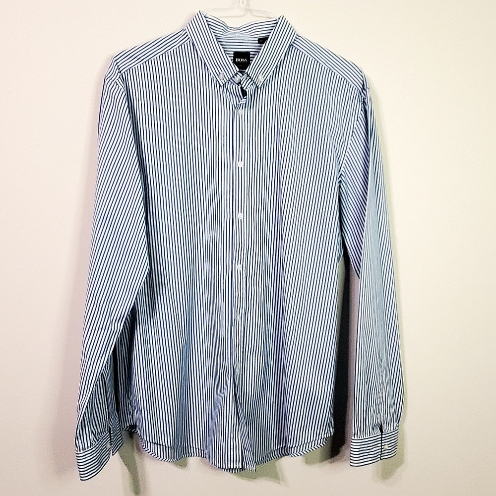 Hugo Boss Slim Fit Blue and White Vertical Striped Button Down